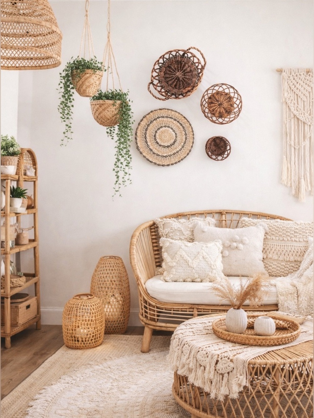 Lot Of 4 Wall Basket Decor Boho Intricate MCM Rattan Wicker